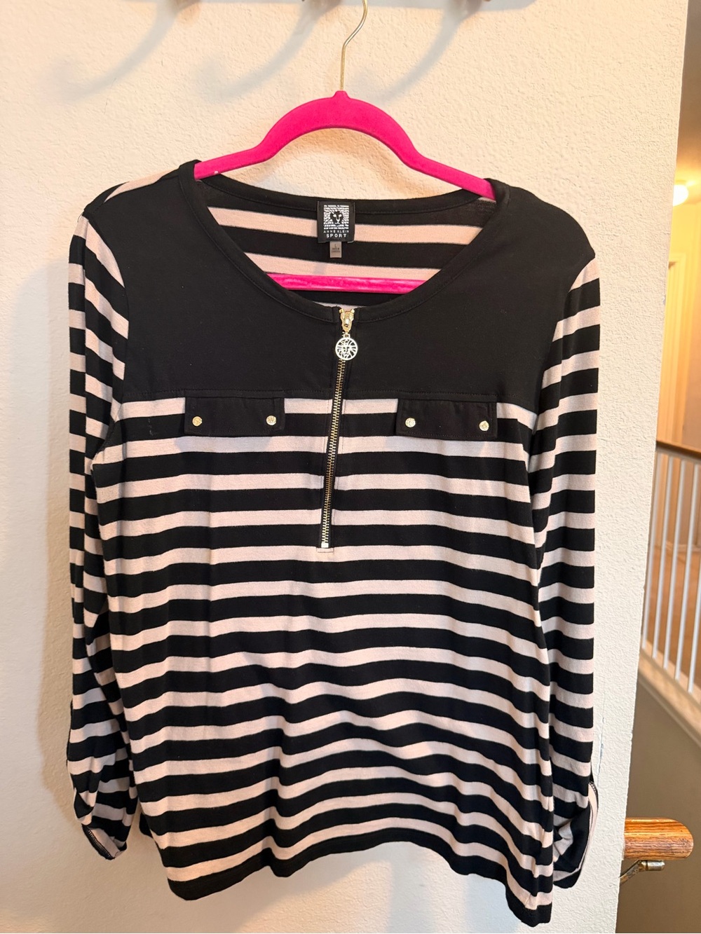 Anne Klein Black and Cream Striped Long-Sleeve Top with Front Zip